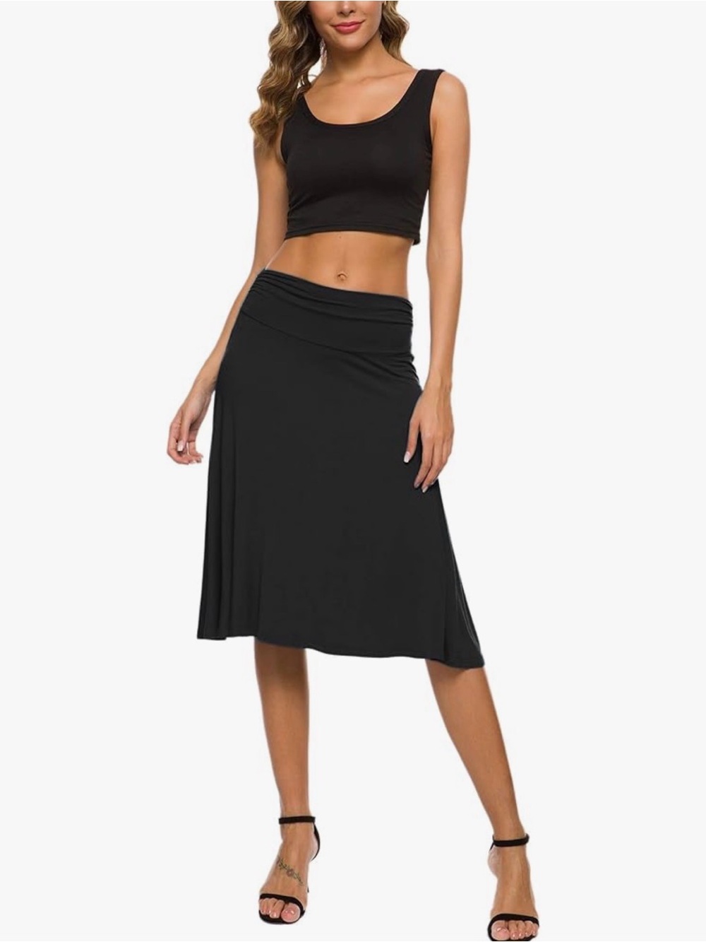 Perfect summer casual skirt Black Midi Skirt with Rouched Waistband